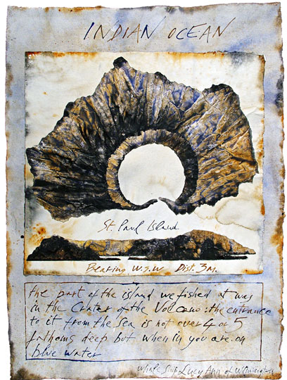 St Paul Island - collage e acquarello su carta Khadi