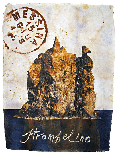 Strombolino - collage e acquarello su carta Khadi