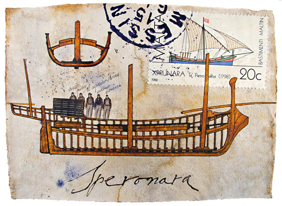 Xprunara - collage e acquarello su carta Khadi